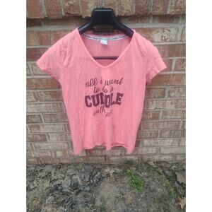 Sleep Junkie Women's Pink CUDDLE Graphic Sleep Tee V-Neck Pajama Shirt Size L